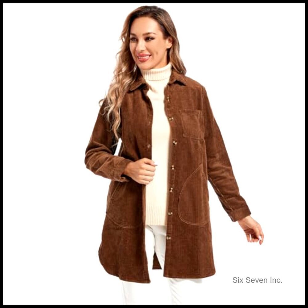 Corduroy Shacket Button Down Blouse Long Sleeve Oversized Chic Fall Tunic - Picture 5 of 7